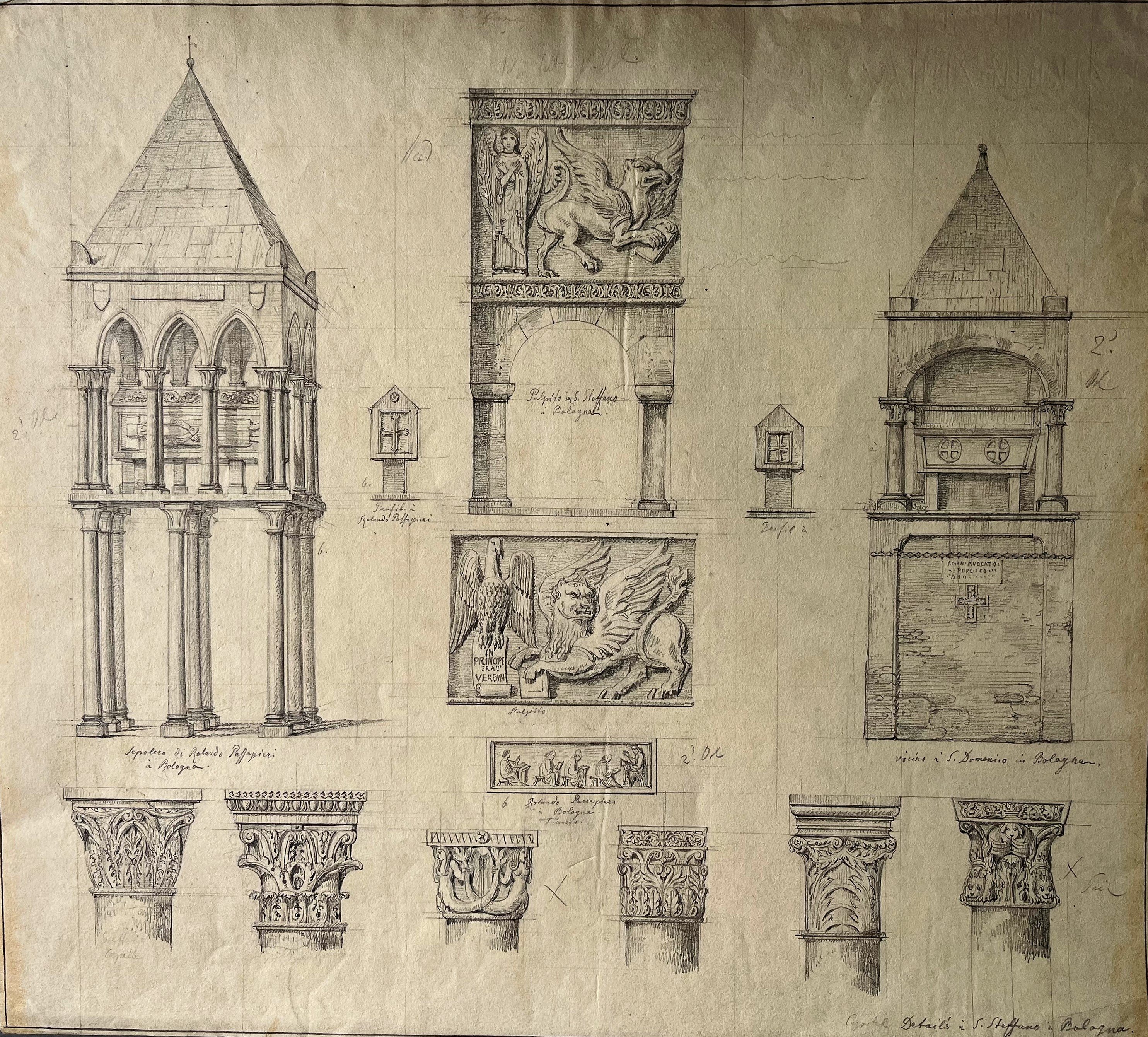 Zeichnung 'Architekturdetails von San Stefano in Bologna' (Museum für Sepulkralkultur CC BY)