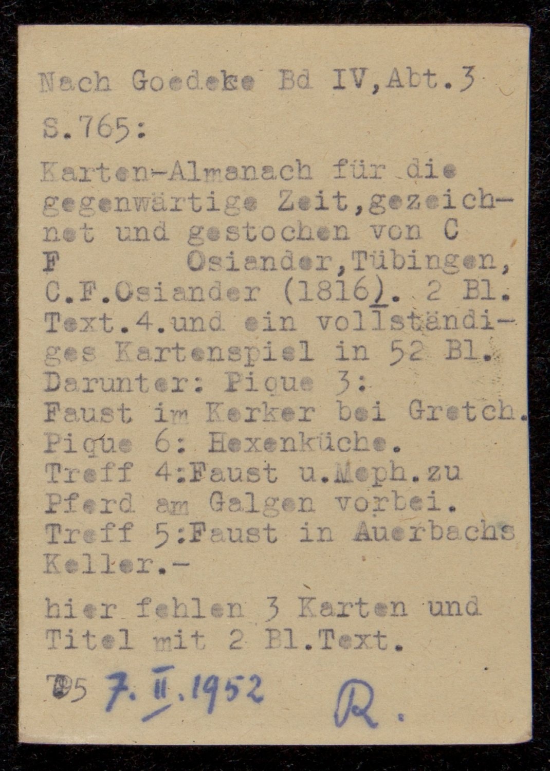 Whist-Kartenspiel. Kartenspiel (&quot;Whist-Kartenspiel&quot;) von ursprünglich 52 Blatt, darunter 4 Darstellungen zu Goethes Faust (Freies Deutsches Hochstift / Frankfurter Goethe-Museum CC BY-NC-SA)