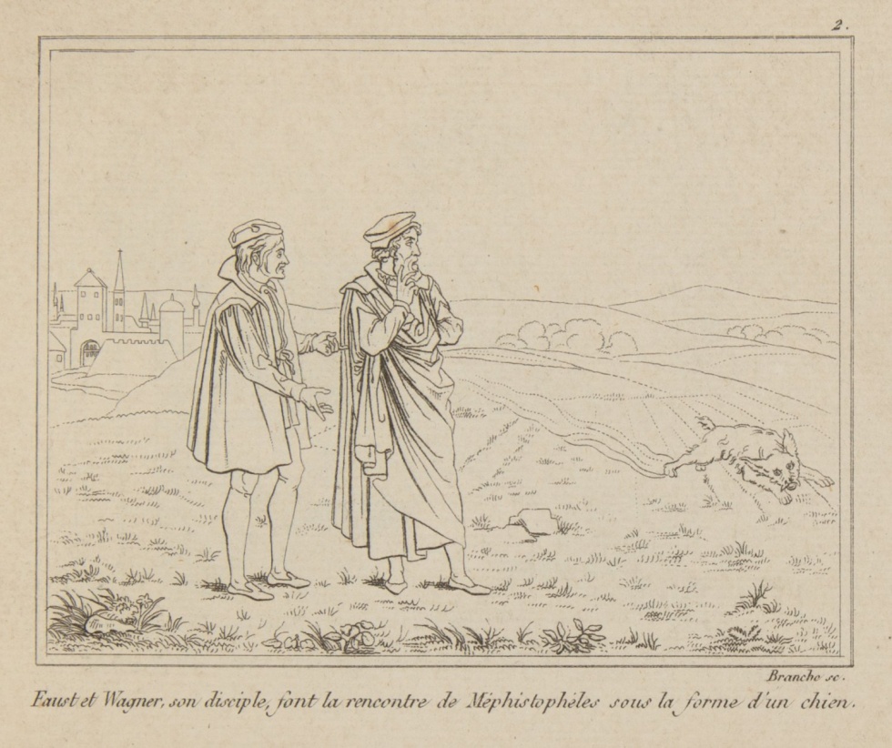 Faust et Wagner, son disciple, font la rencontre de Mephistophéles sous la forme d&rsquo;un chien (Freies Deutsches Hochstift / Frankfurter Goethe-Museum CC BY-NC-SA)
