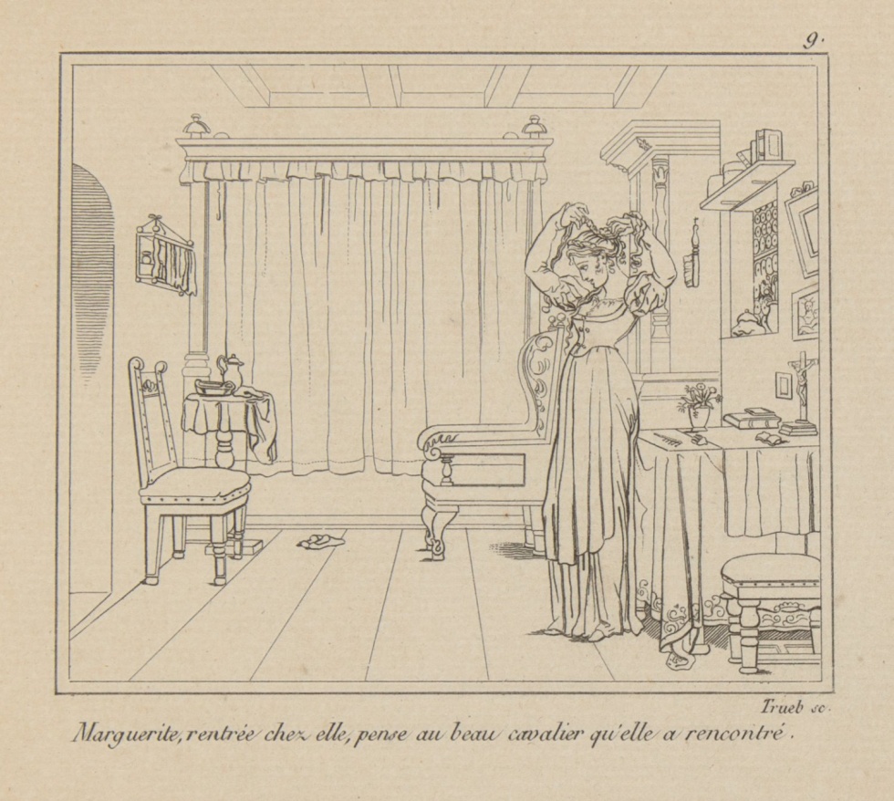 Marguerite, rentrée chez elle, pense au beau cavalier qu´elle a rencontré (Freies Deutsches Hochstift / Frankfurter Goethe-Museum CC BY-NC-SA)