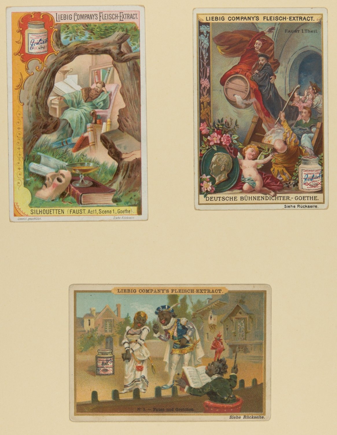 Drei Reklame-Karten von &quot;Liebig Company’s Fleisch-Extract&quot; mit Szenen aus Faust I (Freies Deutsches Hochstift / Frankfurter Goethe-Museum Public Domain Mark)