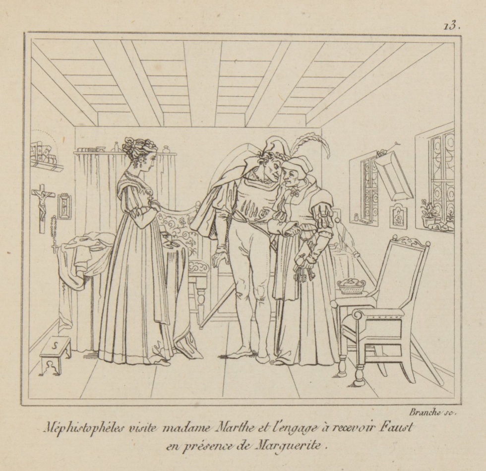 Méphistophéles visite madame Marthe et l´engage à recevoir Faust en présence de Marguerite (Freies Deutsches Hochstift / Frankfurter Goethe-Museum CC BY-NC-SA)