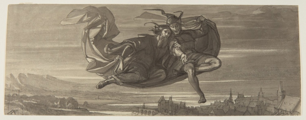 Faust und Mephisto fliegen auf dem Zaubermantel durch die Luft (Freies Deutsches Hochstift / Frankfurter Goethe-Museum CC BY-NC-SA)