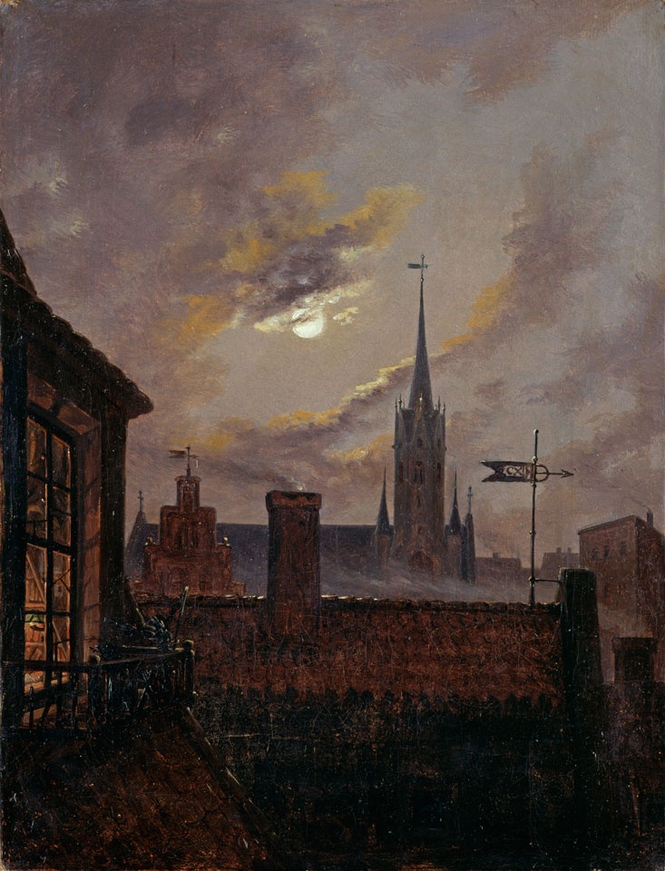 Deutscher Mondschein (Blick über Dächer auf eine gotische Kirche im Mondschein) (Freies Deutsches Hochstift / Frankfurter Goethe-Museum RR-F)