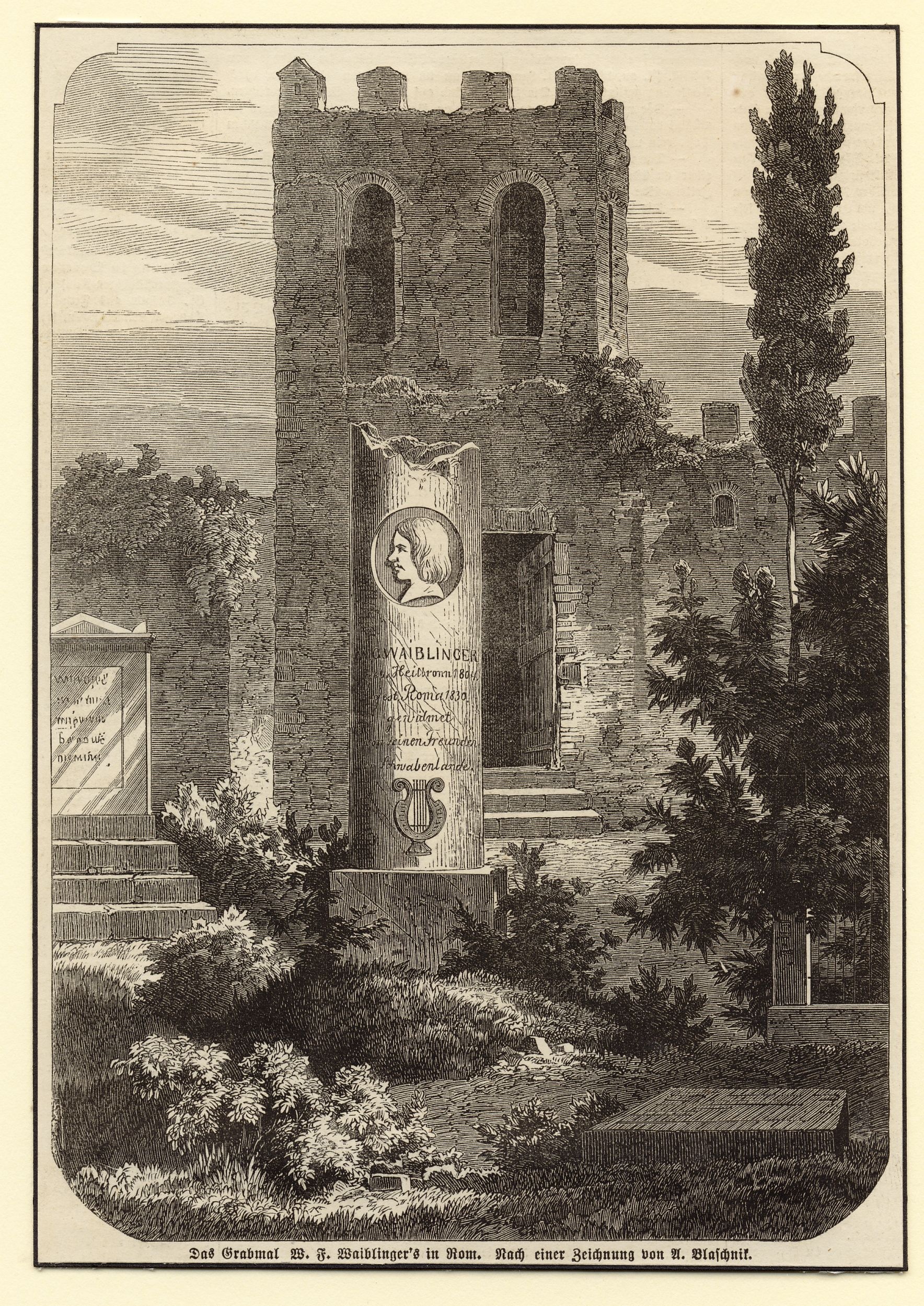 Grafik "Das Grabmal W. F. Waiblinger's in Rom." (Museum für Sepulkralkultur CC BY-NC-SA)