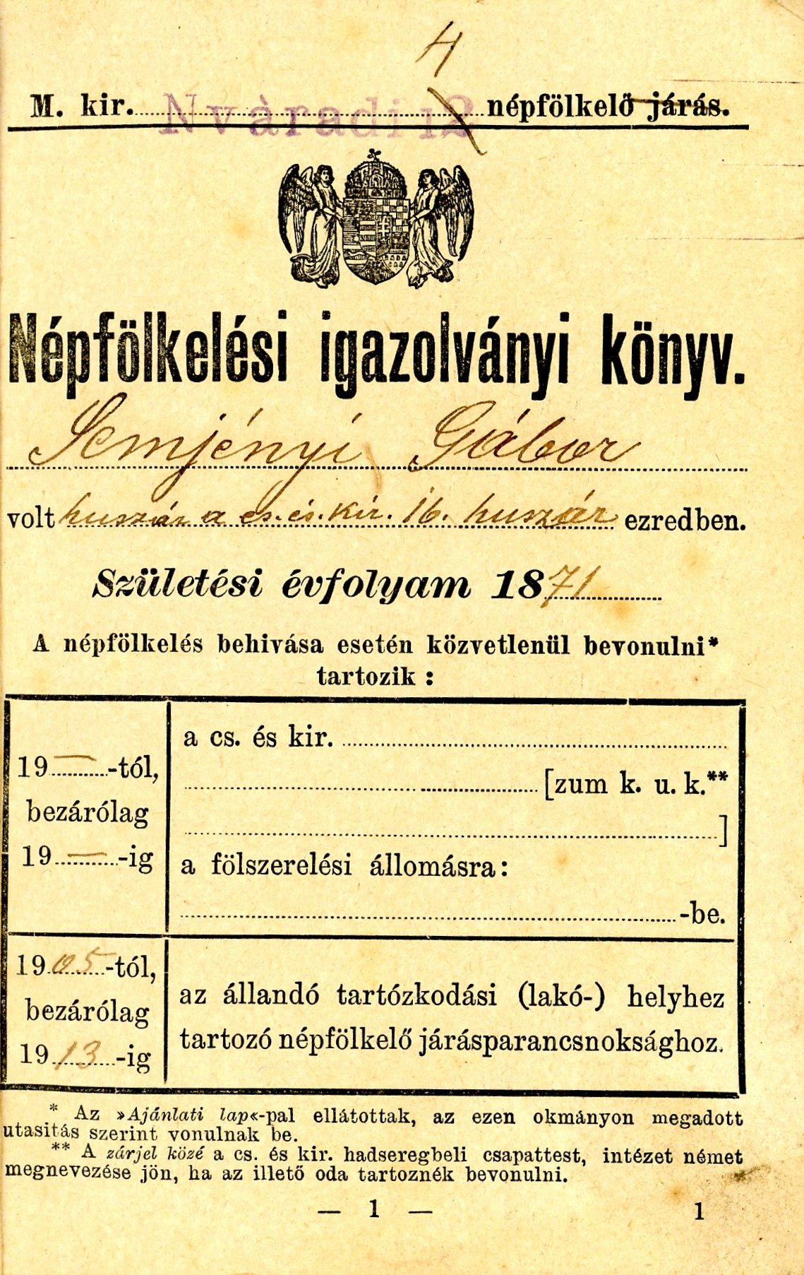 Népfölkelési Igazolványi Könyv, nyomtatott, kiállítva (Erkel Ferenc Múzeum CC BY-NC-SA)