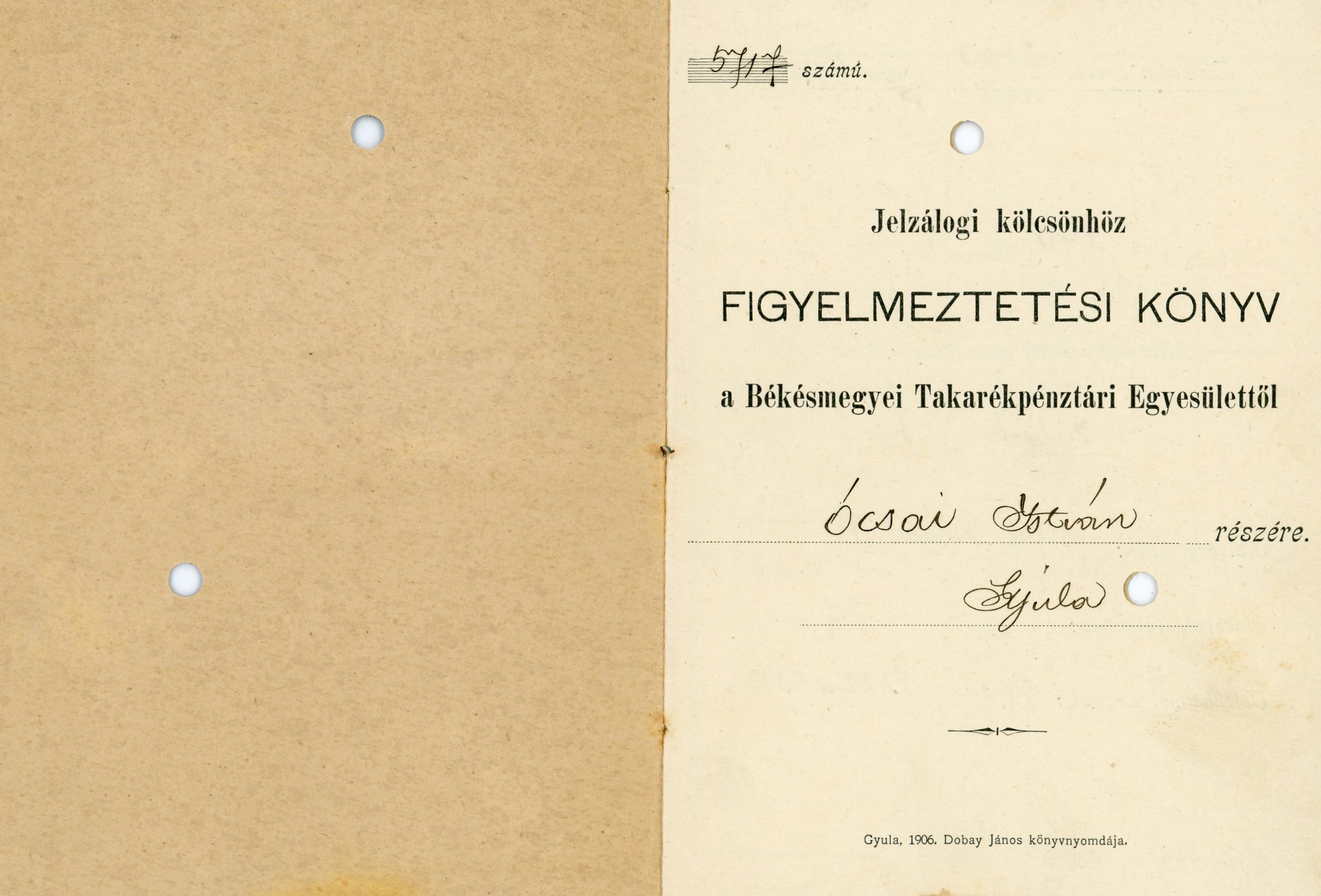 Jelzálogi kölcsönhöz figyelmeztetési könyv, nyomtatott, kiállított (Erkel Ferenc Múzeum CC BY-NC-SA)