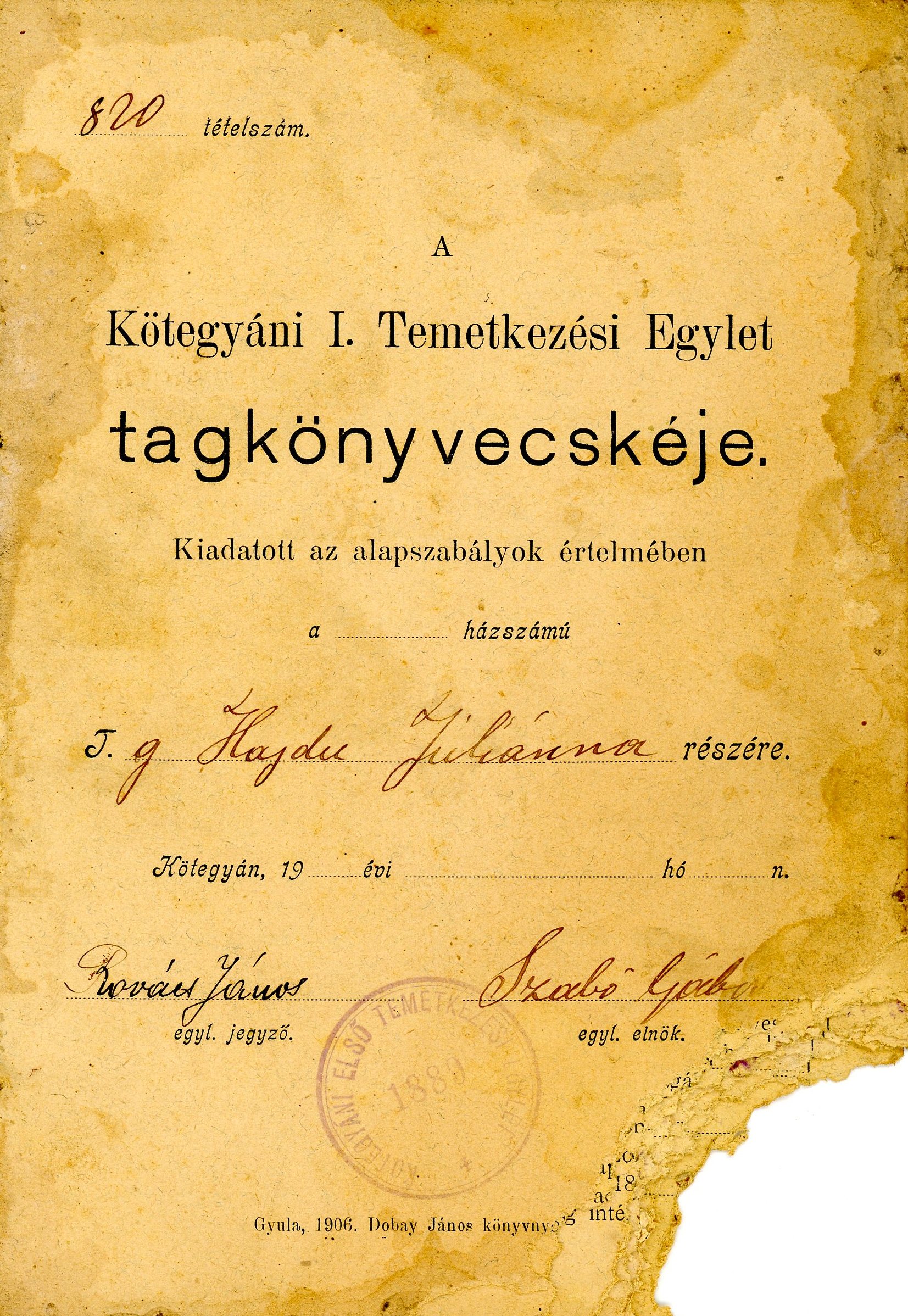 Temetkezési Egylet tagkönyve, nyomtatott, folyamatos bejegyzéssel (Erkel Ferenc Múzeum CC BY-NC-SA)