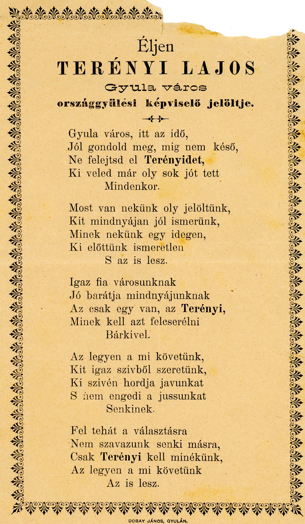 Röplap, nyomtatott, fehér papíron (Erkel Ferenc Múzeum CC BY-NC-SA)