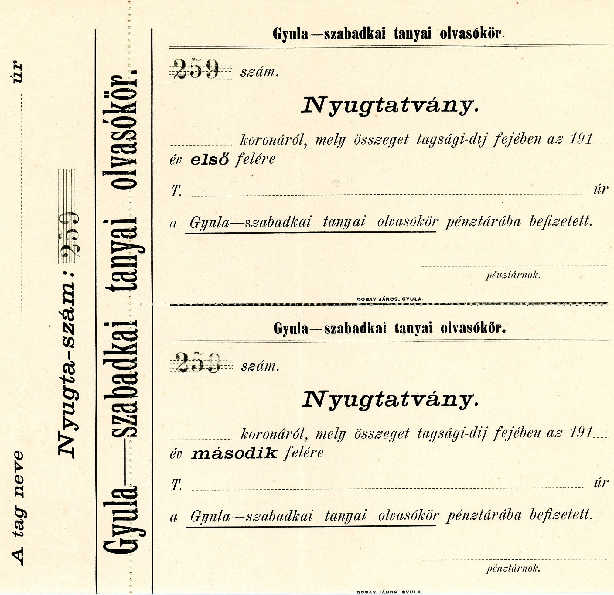 Nyugtatvány, kitöltetlen nyomtatvány (Erkel Ferenc Múzeum CC BY-NC-SA)