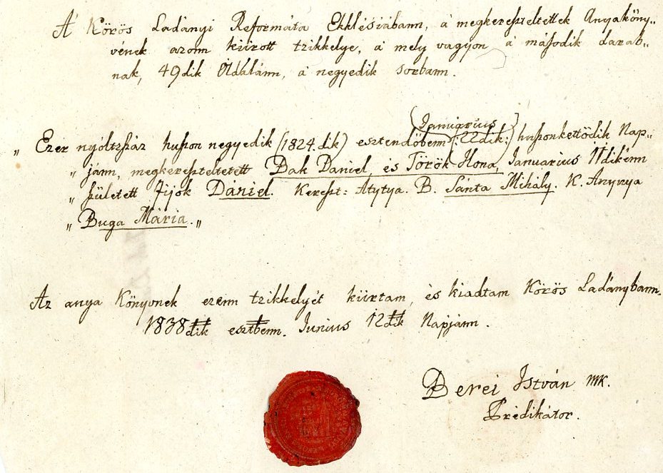 Keresztlevél, kézírásos, viaszpecsétes (Erkel Ferenc Múzeum CC BY-NC-SA)