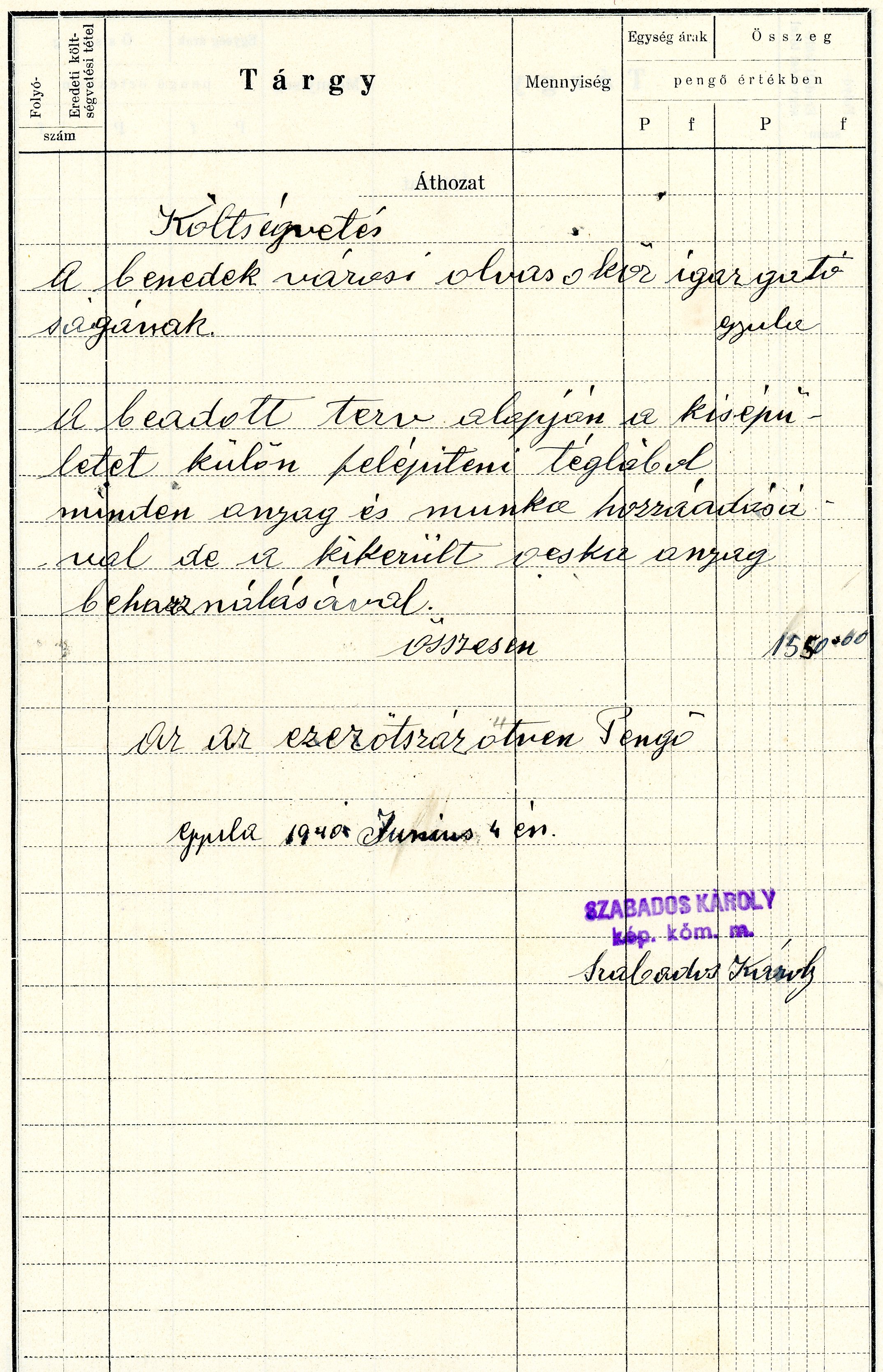 Költségvetés, kézírásos (Erkel Ferenc Múzeum CC BY-NC-SA)