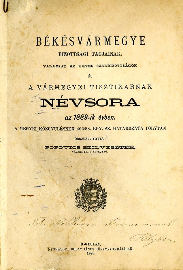Békés m-i Tisztikar névsora, nyomtatott, fűzött brosura (Erkel Ferenc Múzeum CC BY-NC-SA)