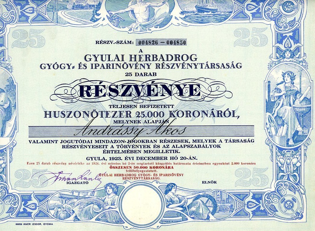 Részvény, 25000 koronáról, nyomtatott, kitöltött (Erkel Ferenc Múzeum CC BY-NC-SA)