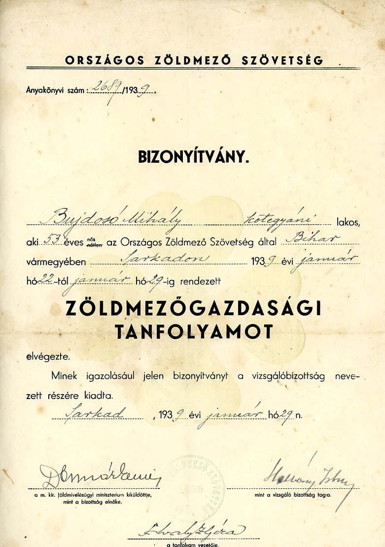 Zöldmezőgazdasági tanfolyam oklevele  nyomtatott, kitöltve (Erkel Ferenc Múzeum CC BY-NC-SA)