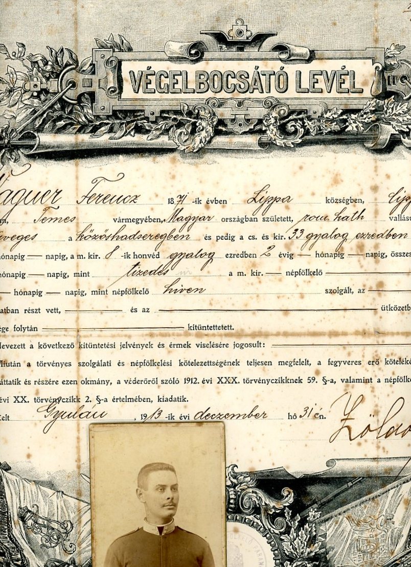 Honvéd végelbocsátó levél nyomtatott, metszettel, kitöltött (Erkel Ferenc Múzeum CC BY-NC-SA)