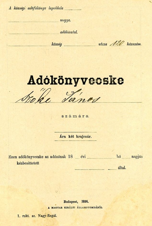 Adókönyv, nyomtatott,kiállított, folyamatos beírások (Erkel Ferenc Múzeum CC BY-NC-SA)