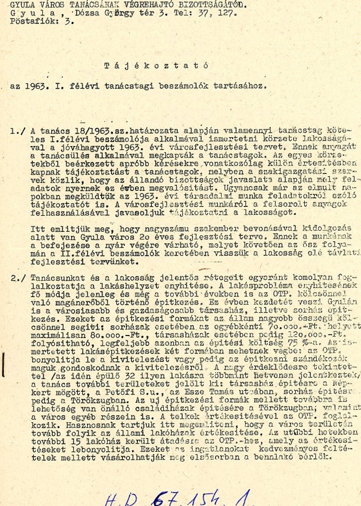 Tájékoztató az 1963 első félévi tanácstagi beszámolókhoz összefűzött stencil lap (Erkel Ferenc Múzeum CC BY-NC-SA)