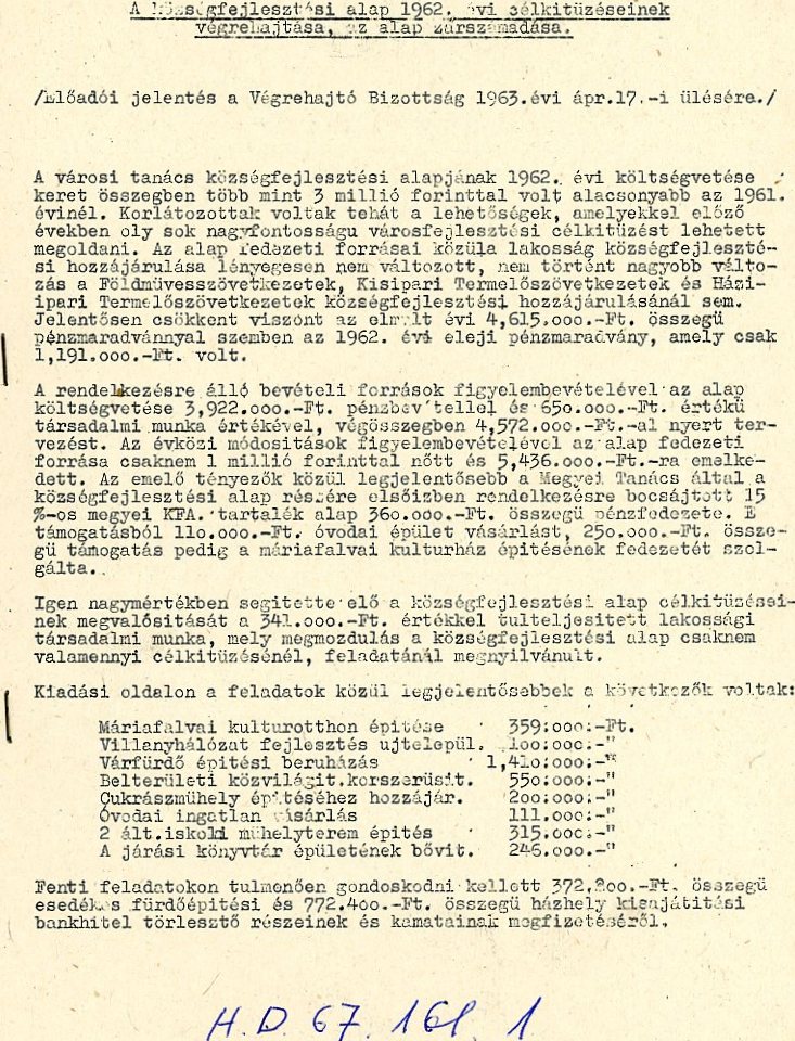 Jelentés az 1962.évi közdségfejlesztési alap felhasználásáról összefűzött stencil (Erkel Ferenc Múzeum CC BY-NC-SA)