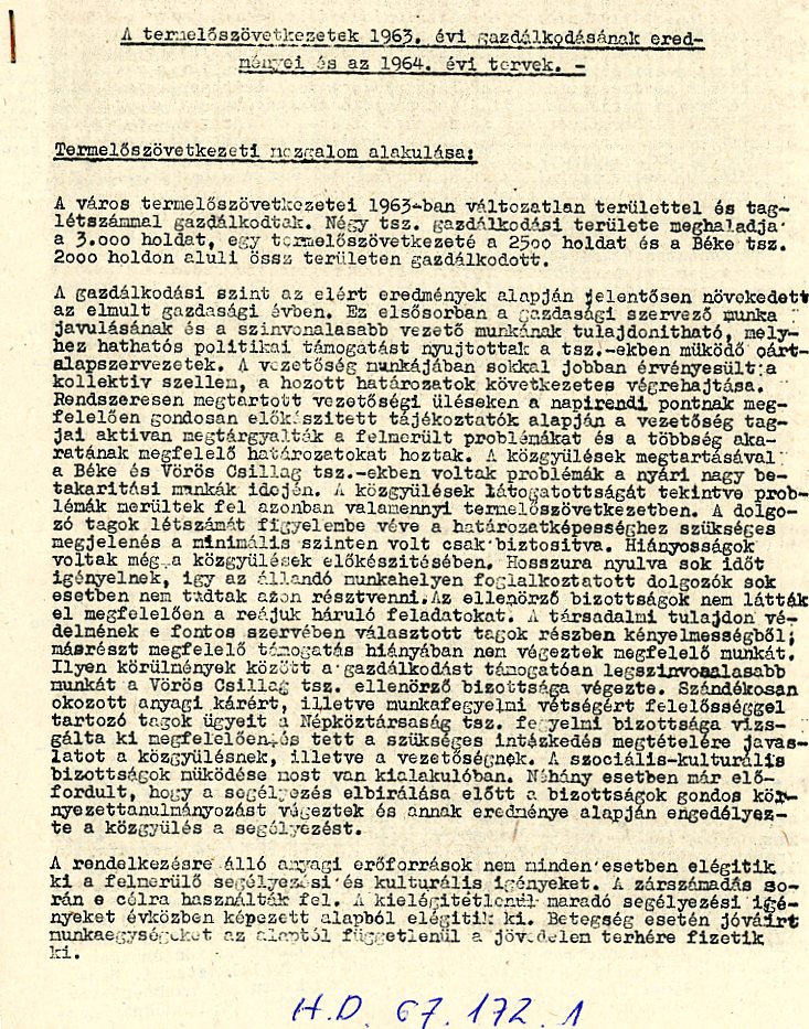 A TSZ-ek 1963 évi gazdákodásának eredményeiről jelentés összefűzött stencil lap (Erkel Ferenc Múzeum CC BY-NC-SA)
