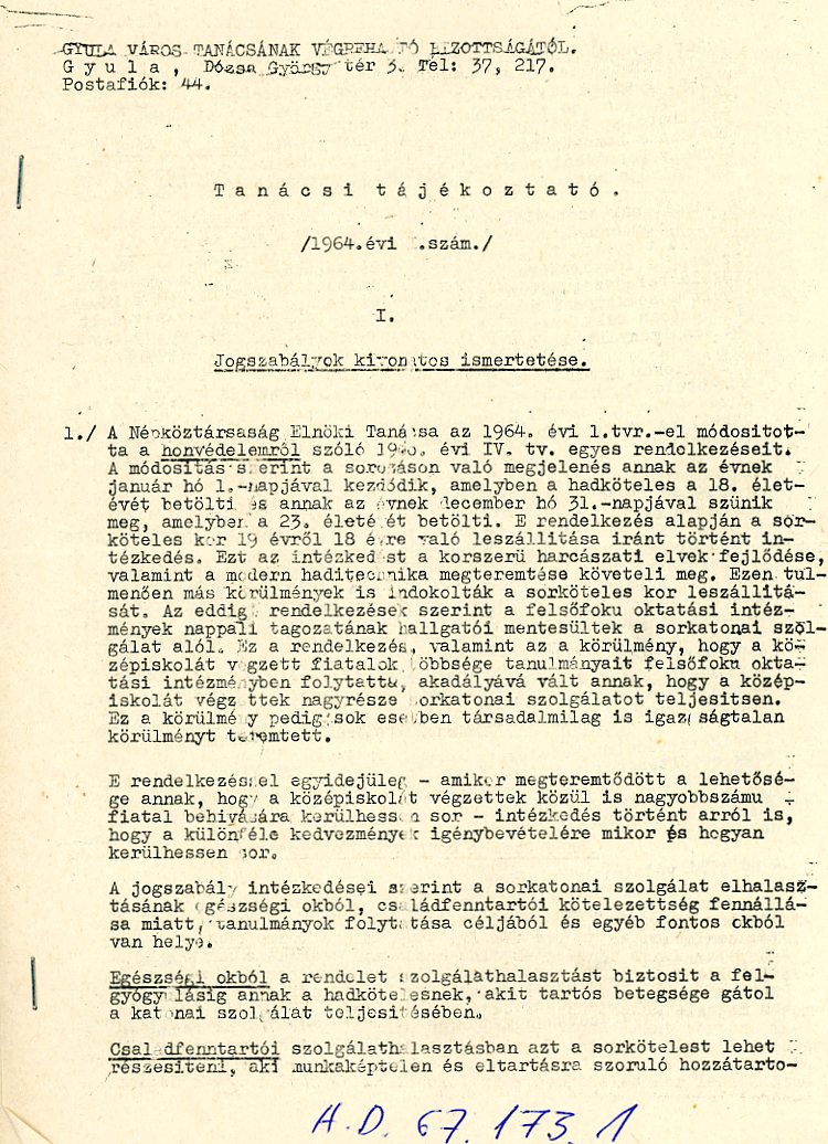 Tanácsi tájékoztató 1964évi. T. szám  összefűzött stencil lap (Erkel Ferenc Múzeum CC BY-NC-SA)