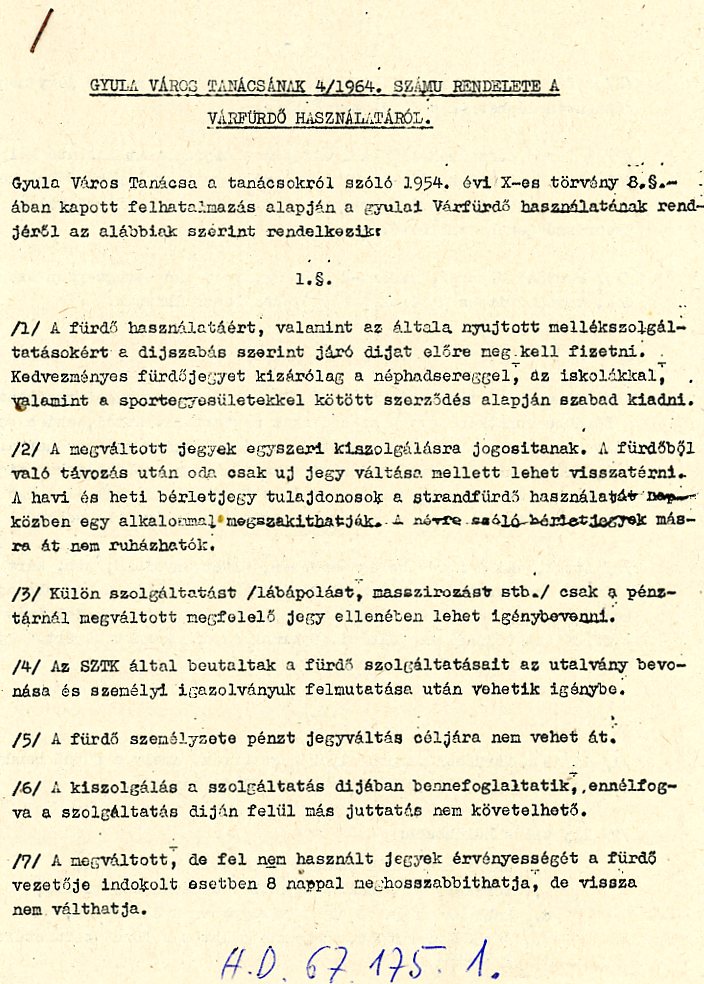 4/1964 számú rendelet a Várfürdő használatáról összefűzött stencil lap (Erkel Ferenc Múzeum CC BY-NC-SA)