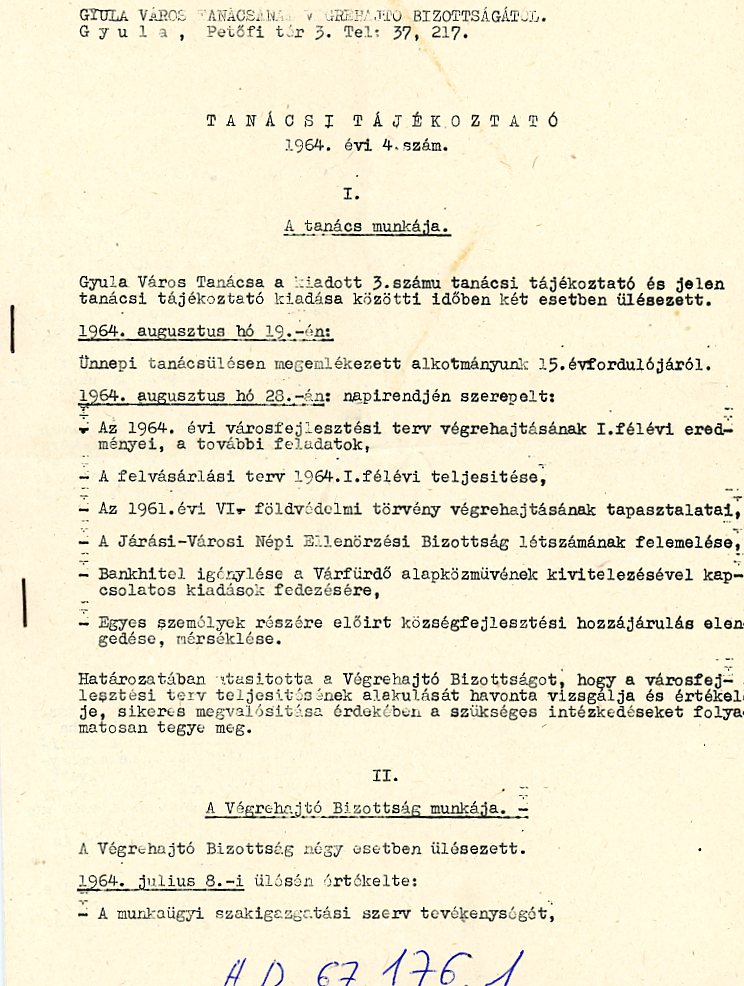 Tanácsi tájékoztató 1964.évi. IV. szám.  Összefűzött stencil lap (Erkel Ferenc Múzeum CC BY-NC-SA)