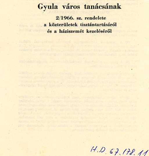 Gyula Város Tanácsának 2/1966 számú rendelete nyomtatott (Erkel Ferenc Múzeum CC BY-NC-SA)