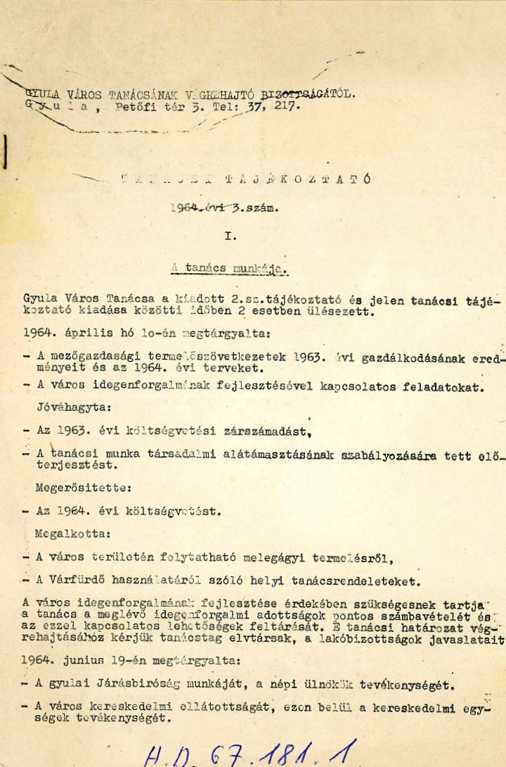 Tanácsi tájékoztató 1964 III. szám  stencil (Erkel Ferenc Múzeum CC BY-NC-SA)