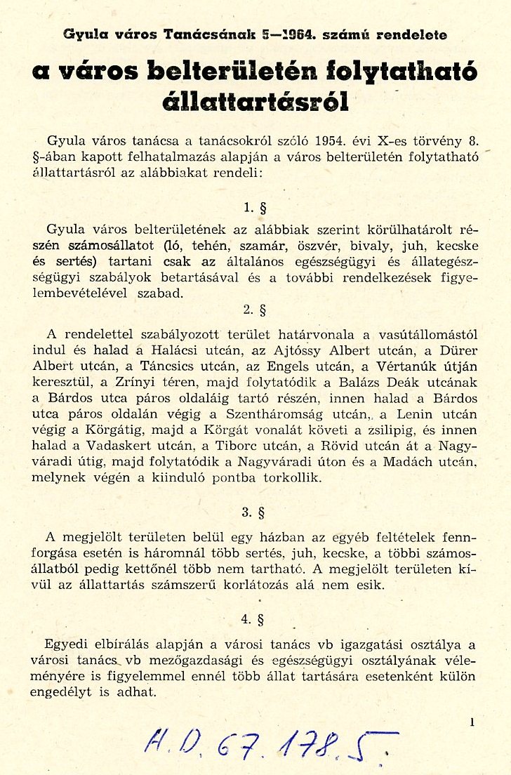 Gyula Város Tanácsának 5/1964 számú rendelete nyomtatott (Erkel Ferenc Múzeum CC BY-NC-SA)
