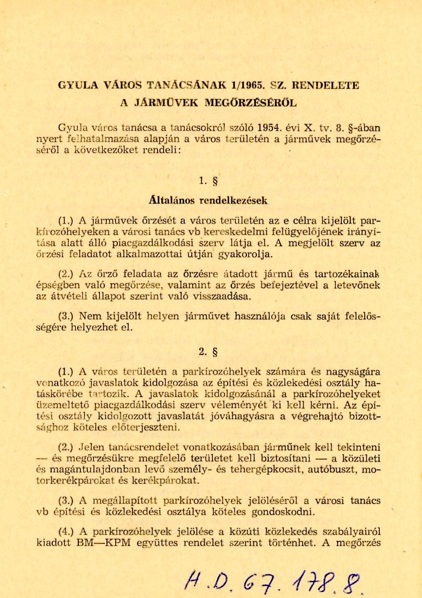 Gyula Város Tanácsának 1/1965 számú rendelete nyomtatott (Erkel Ferenc Múzeum CC BY-NC-SA)