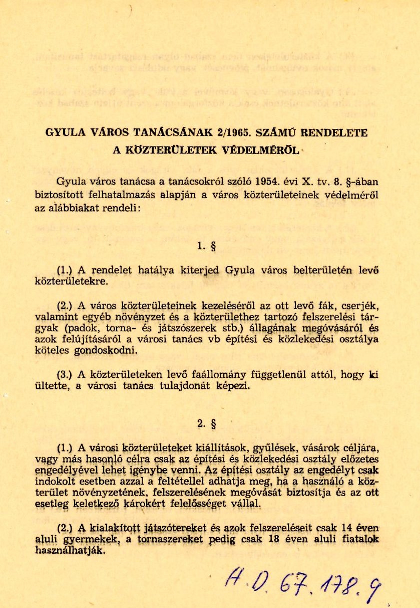 Gyula Város Tanácsának 2/1965 számú rendelete nyomtatott (Erkel Ferenc Múzeum CC BY-NC-SA)
