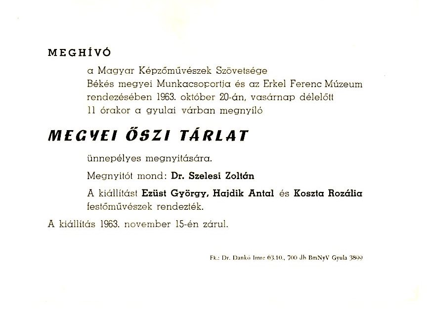 Meghívó Nyomtatott, karton (Erkel Ferenc Múzeum CC BY-NC-SA)