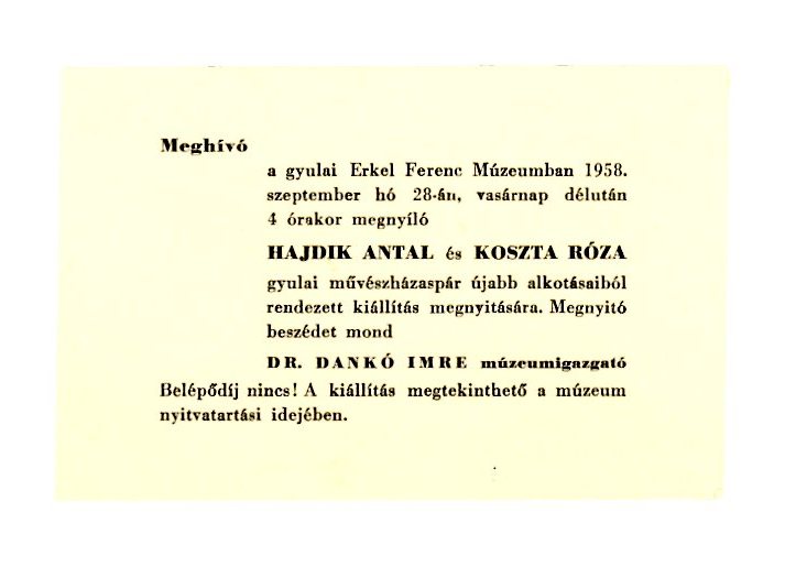 Meghívó nyomtatott, karton (Erkel Ferenc Múzeum CC BY-NC-SA)