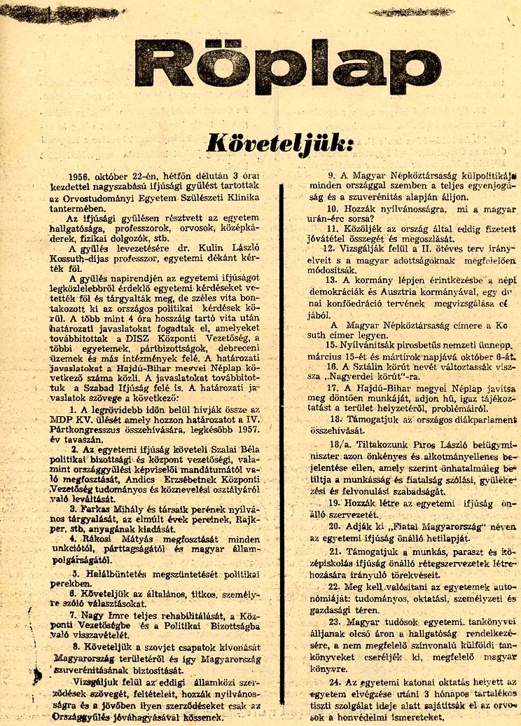 Röplap nyomtatott, fehér papíron (Erkel Ferenc Múzeum CC BY-NC-SA)