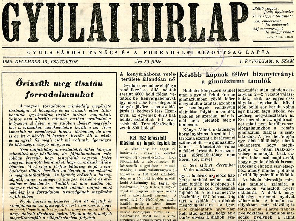 Újság: Gyulai Hírlap (Erkel Ferenc Múzeum CC BY-NC-SA)