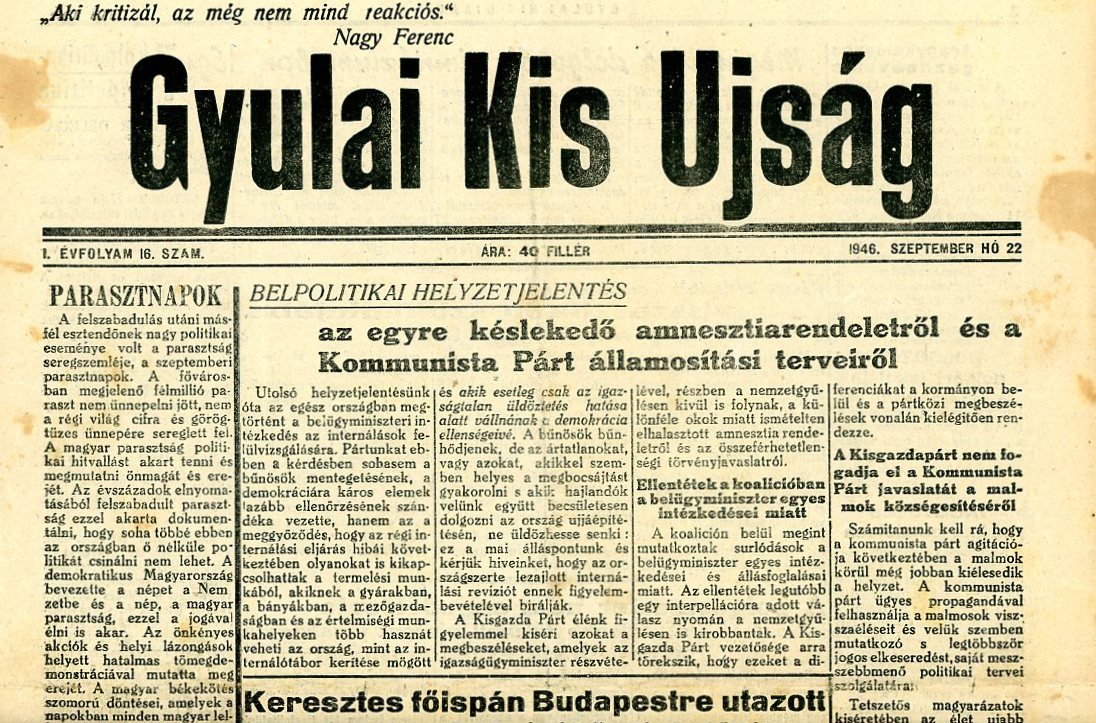 Újság: Gyulai Kis Újság (Erkel Ferenc Múzeum CC BY-NC-SA)