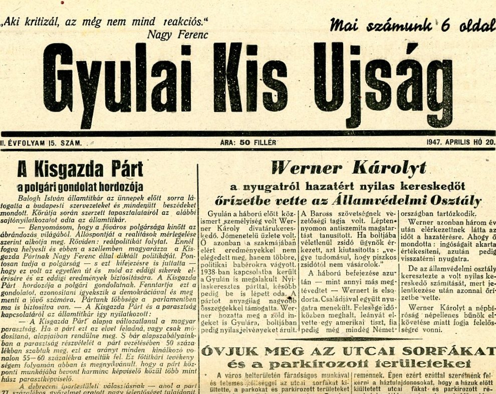 Újság: Gyulai Kis Újság (Erkel Ferenc Múzeum CC BY-NC-SA)
