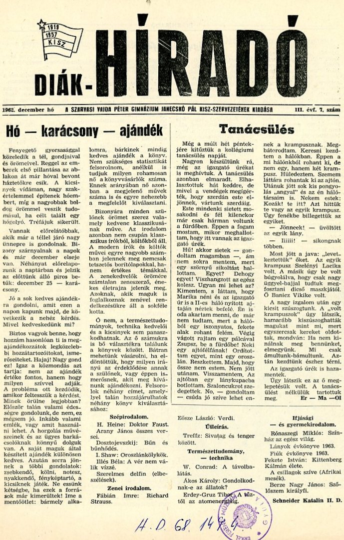 Iskolai időszaki lap: Diák Híradó (Erkel Ferenc Múzeum CC BY-NC-SA)