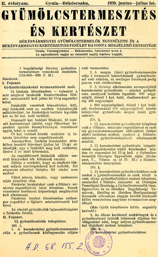 Havonta megjelenő lap, Gyümölcstermesztés és Kertészet (Bcs-Gyula) (Erkel Ferenc Múzeum CC BY-NC-SA)