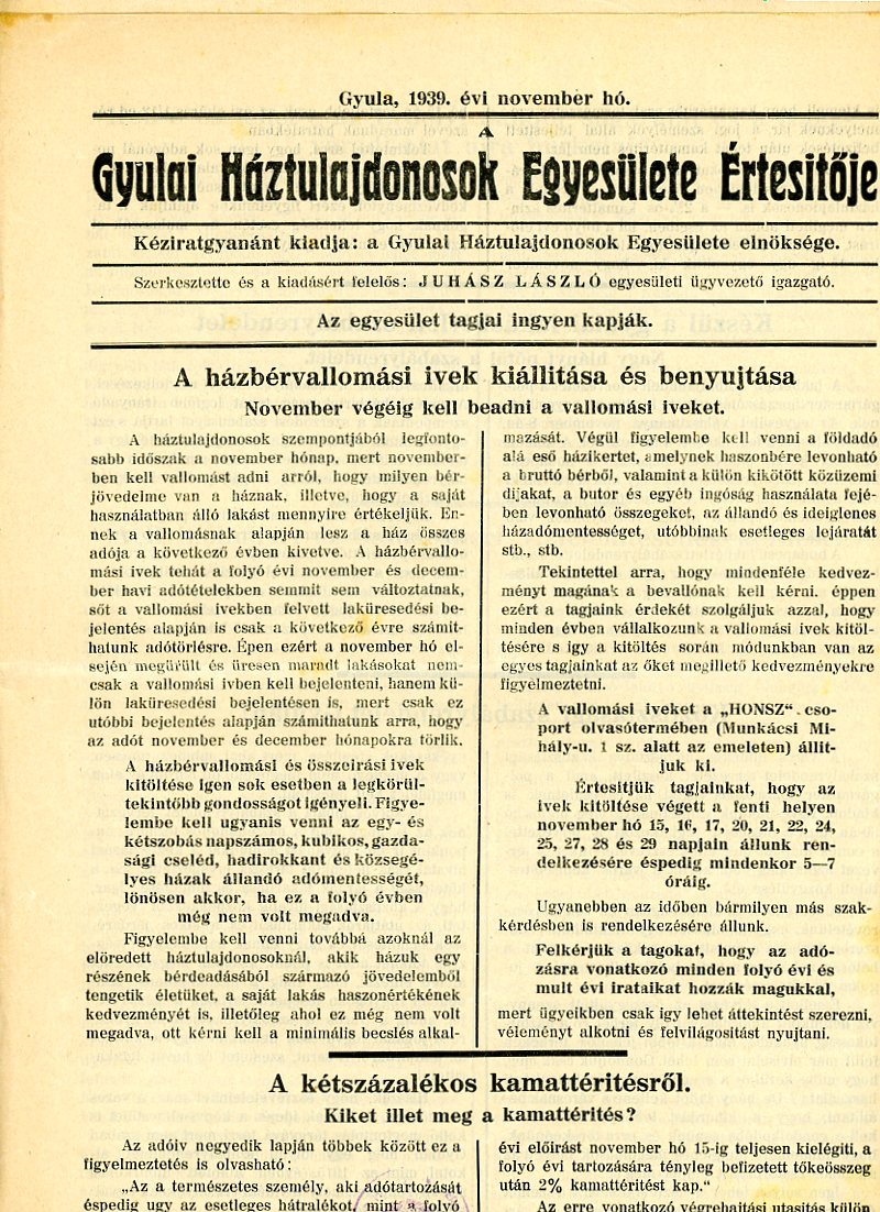 Időszaki lap: A gyulai háztulajdonosok egyesülete értesítője (Erkel Ferenc Múzeum CC BY-NC-SA)
