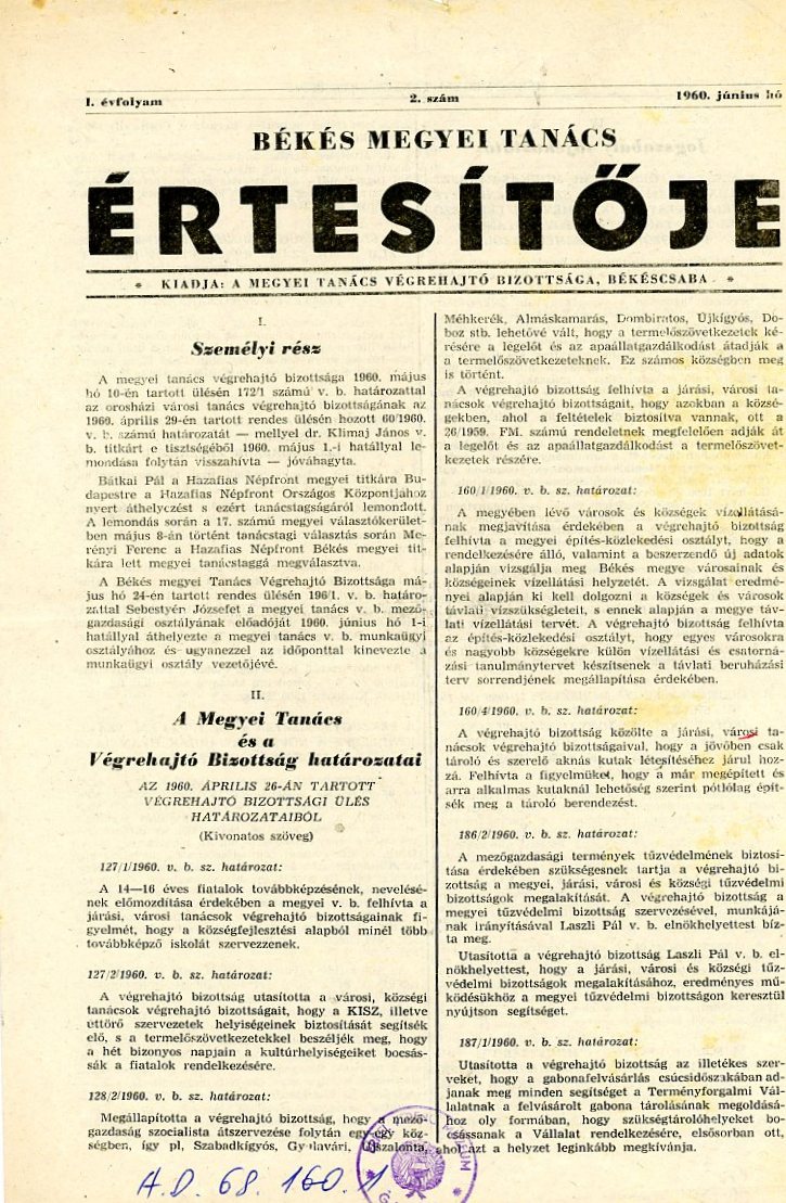 Hivatalos tájékoztató: Békés megyei Tanács értesítője, nyomtatott (Erkel Ferenc Múzeum CC BY-NC-SA)