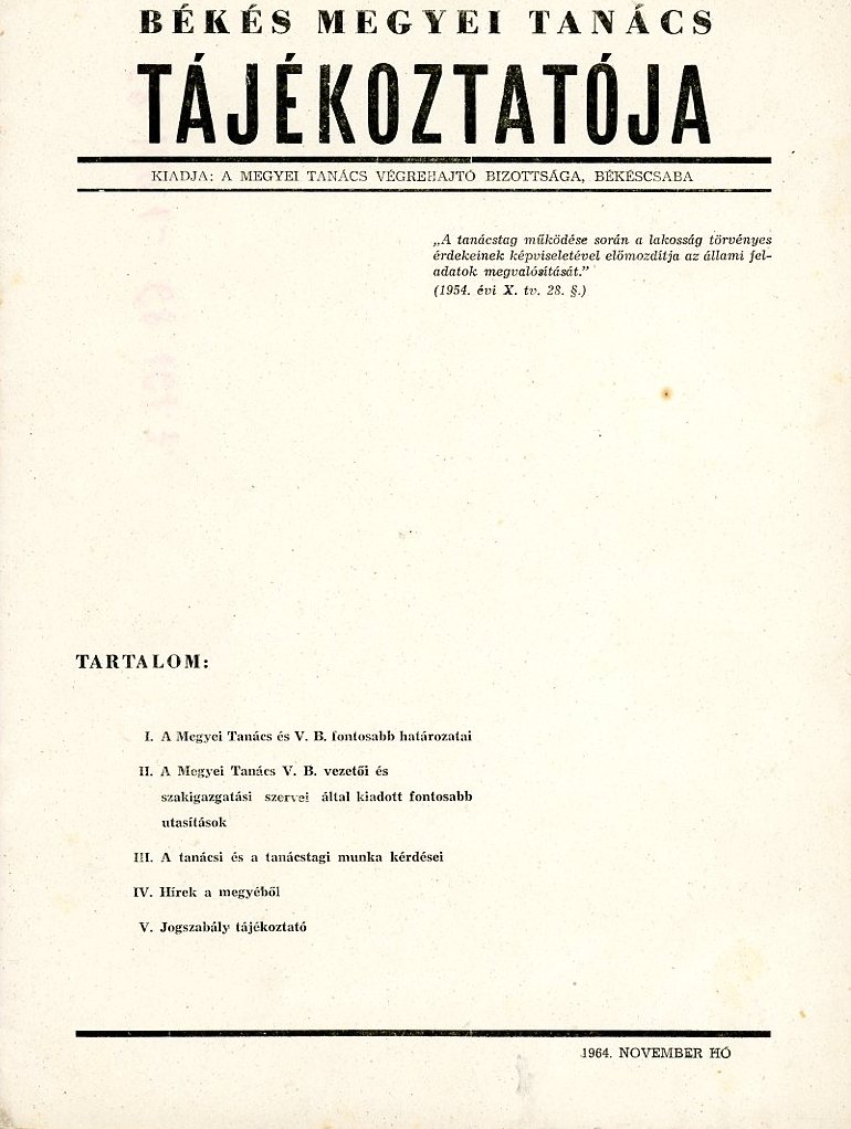 Hivatalos tájékoztató: Békés megyei Tanács tájékoztatója, nyomtatott (Erkel Ferenc Múzeum CC BY-NC-SA)