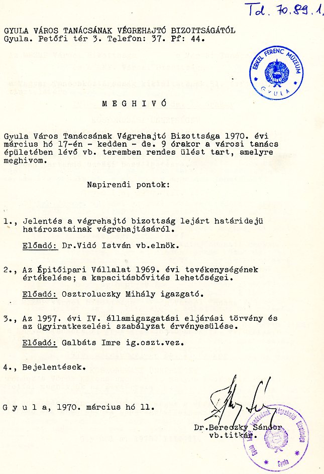 Gyual város Tanácsa VB. 1970. febr.17-i anyaga (Erkel Ferenc Múzeum CC BY-NC-SA)