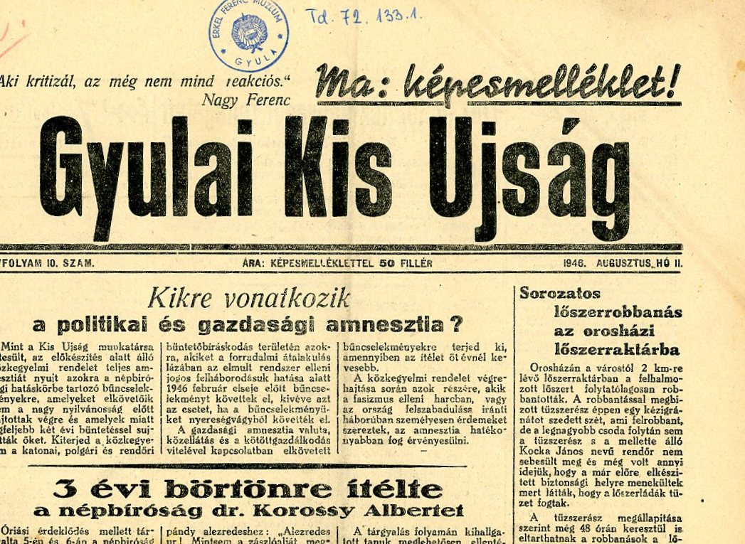 Újság : Gyulai kis Újság (Erkel Ferenc Múzeum CC BY-NC-SA)