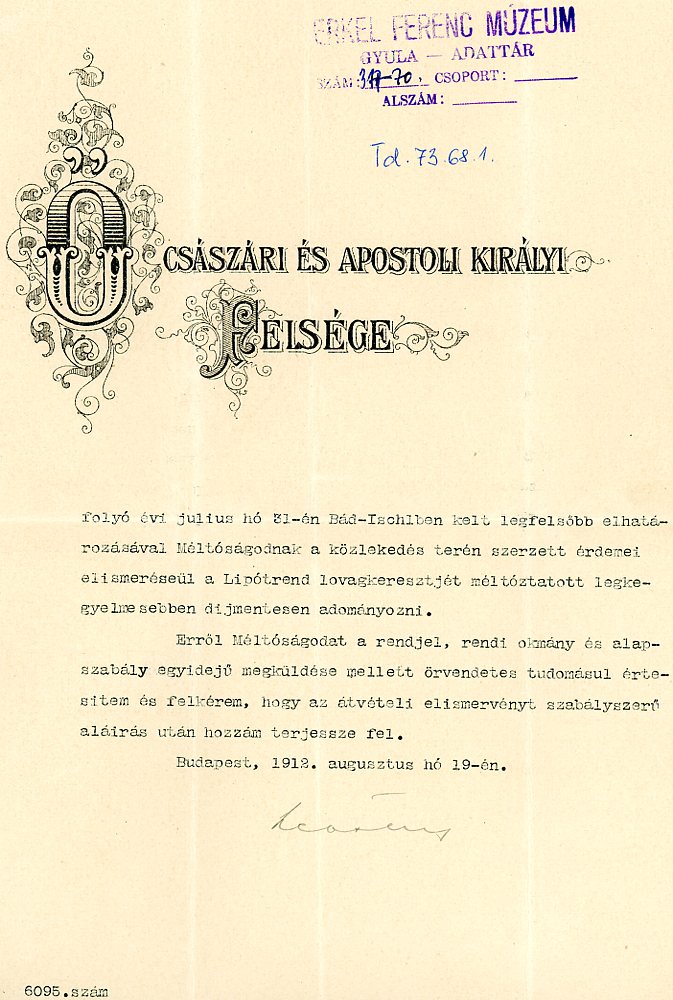 Levelek kitüntetésekről (Erkel Ferenc Múzeum CC BY-NC-SA)