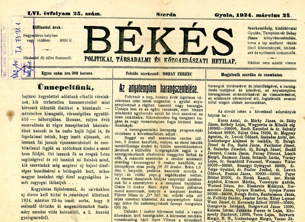Újság : Békés (Erkel Ferenc Múzeum CC BY-NC-SA)