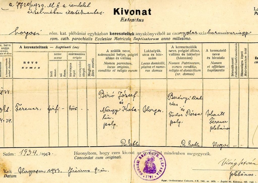 Születési anyakönyvi kivonat (másolat) (Erkel Ferenc Múzeum CC BY-NC-SA)