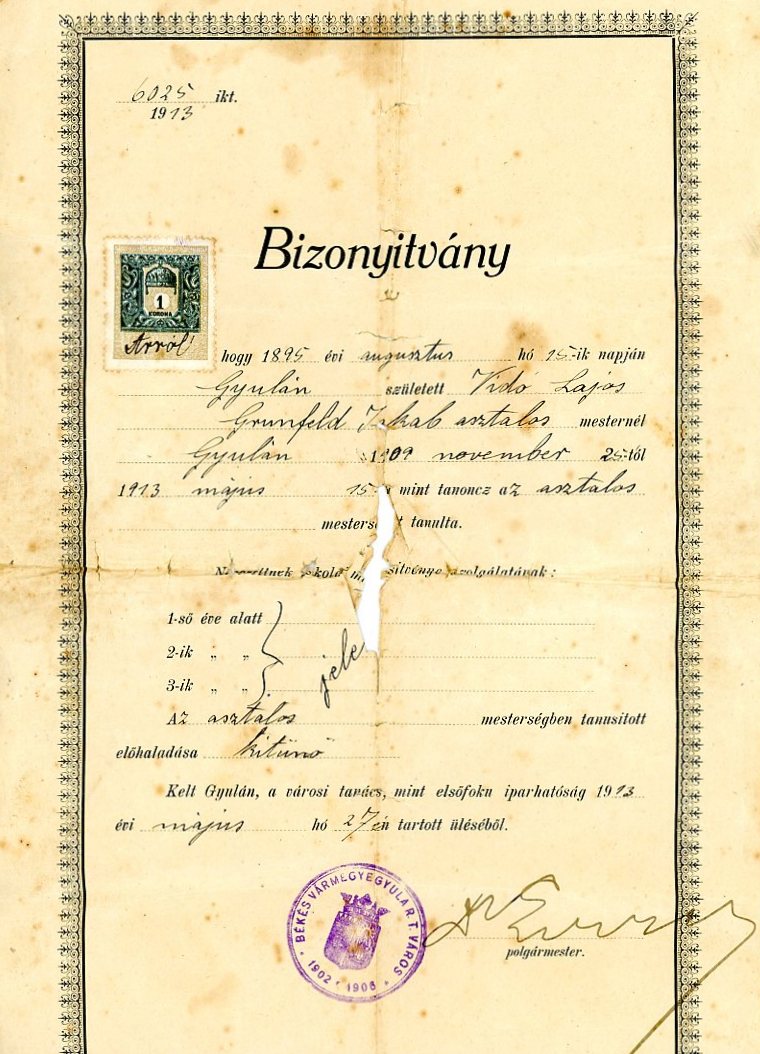 Bizonyítvány , papír , nyomtatott és kézírással (Erkel Ferenc Múzeum CC BY-NC-SA)
