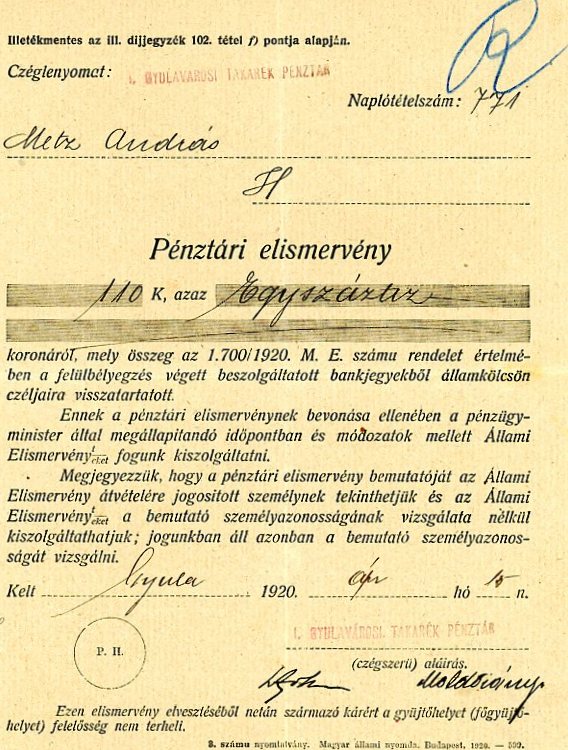 Pénztári elismervény (Erkel Ferenc Múzeum CC BY-NC-SA)